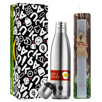 Have a nice day Emoji, Easter Set, metallic stainless thermos flask (500ml) & scented flat Easter candle (30cm) (GRAY)