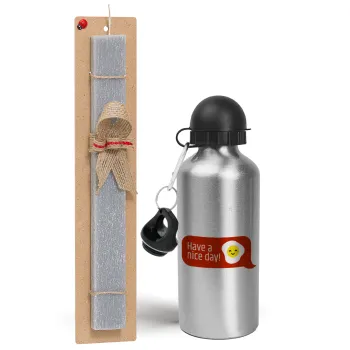 Have a nice day Emoji, Πασχαλινή Λαμπάδα με παγούρι μεταλλικό Ασημένιο αλουμινίου (500ml) & κερί αρωματικό πλακέ (30cm) (ΓΚΡΙ)