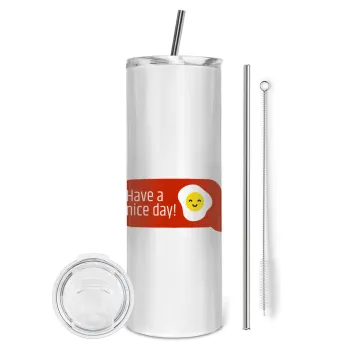 Have a nice day Emoji, Tumbler ποτήρι θερμό από ανοξείδωτο ατσάλι 600ml, με μεταλλικό καλαμάκι & βούρτσα καθαρισμού