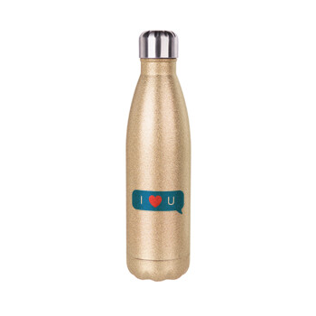 I Love You text message, Glitter gold stainless steel thermos bottle, double-walled, 500ml