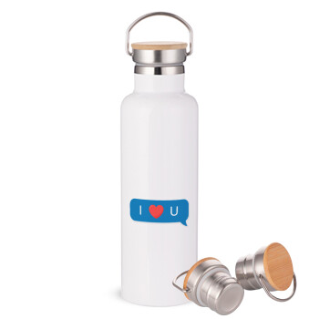 I Love You text message, Stainless steel White with wooden lid (bamboo), double wall, 750ml