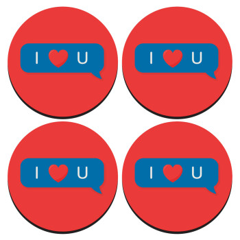 I Love You text message, SET of 4 round wooden coasters (9cm)