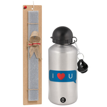 I Love You text message, Easter Set, metallic silver aluminum water bottle (500ml) & aromatic flat Easter candle (30cm) (GRAY)