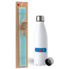 Easter Set, metallic stainless steel water bottle (750ml) & aromatic flat Easter candle (30cm) (TURQUOISE)