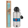 Easter Set, metallic silver aluminum water bottle (500ml) & scented flat Easter candle (30cm) (TURQUOISE)