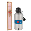 Easter Set, metallic Silver aluminum water bottle (500ml) & scented flat Easter candle (30cm) (PINK)
