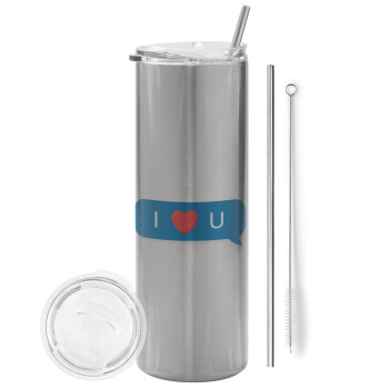 I Love You text message, Eco friendly stainless steel Silver tumbler 600ml, with metal straw & cleaning brush
