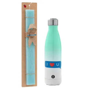 I Love You text message, Easter Set, Metallic green/white thermos (Stainless steel), double-walled, 500ml & scented flat Easter candle (30cm) (TURQUOISE)