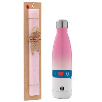 I Love You text message, Easter Set, Metallic pink/white (Stainless steel) thermos, double-walled, 500ml & aromatic flat Easter candle (30cm) (PINK)
