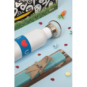 I Love You text message, Πασχαλινή Λαμπάδα με παγούρι μεταλλικό Ασημένιο αλουμινίου (500ml) & κερί αρωματικό πλακέ (30cm) (ΤΙΡΚΟΥΑΖ)