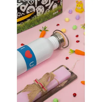 I Love You text message, Πασχαλινή Λαμπάδα με παγούρι μεταλλικό (620ml, stainless steel) & κερί αρωματικό πλακέ (30cm) (ΡΟΖ)