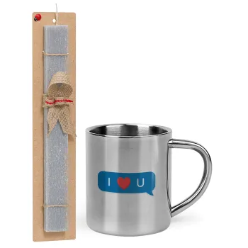 I Love You text message, Easter Set, metallic thermal cup (300ml) & Easter aromatic flat candle (30cm) (GRAY)