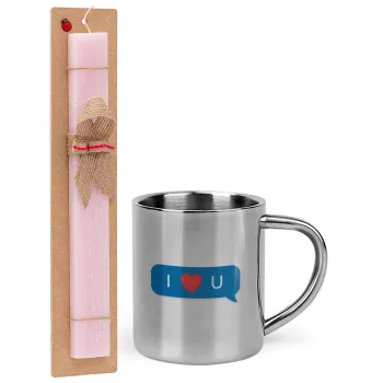 I Love You text message, Easter Set, metallic thermal cup (300ml) & aromatic flat Easter candle (30cm) (PINK)