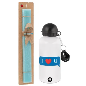 I Love You text message, Πασχαλινή Λαμπάδα με παγούρι μεταλλικό αλουμινίου (500ml) & λαμπάδα αρωματική πλακέ (30cm) (ΤΙΡΚΟΥΑΖ)