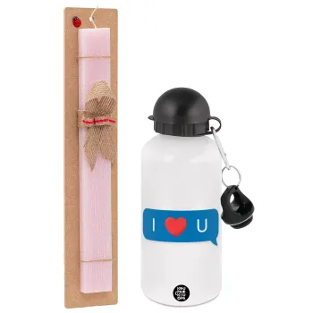 I Love You text message, Πασχαλινή Λαμπάδα με παγούρι μεταλλικό αλουμινίου (500ml) & κερί αρωματικό πλακέ (30cm) (ΡΟΖ)