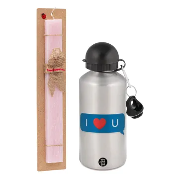 I Love You text message, Easter Set, metallic Silver aluminum water bottle (500ml) & scented flat Easter candle (30cm) (PINK)