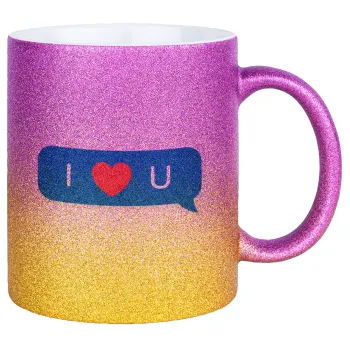 I Love You text message, Κούπα Χρυσή/Ροζ Glitter, κεραμική, 330ml