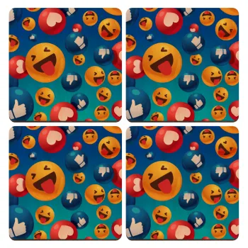3D Emoji Collection, ΣΕΤ x4 Σουβέρ ξύλινα τετράγωνα plywood (9cm)