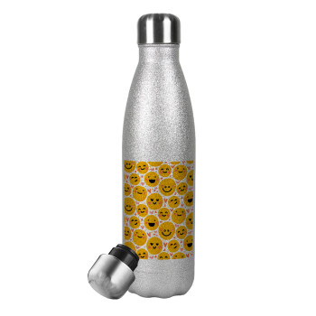 Emojis Love, Μεταλλικό παγούρι θερμός Glitter Aσημένιο (Stainless steel), διπλού τοιχώματος, 500ml