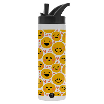 Emojis Love, Μεταλλικό παγούρι θερμός με καλαμάκι & χειρολαβή, ανοξείδωτο ατσάλι (Stainless steel 304), διπλού τοιχώματος, 600ml