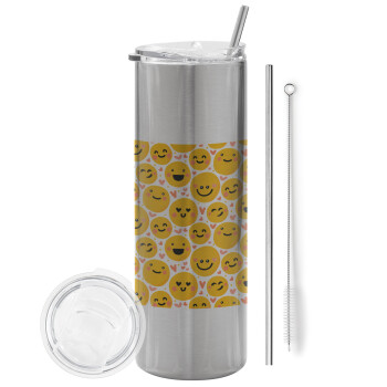 Emojis Love, Eco friendly stainless steel Silver tumbler 600ml, with metal straw & cleaning brush