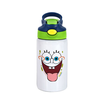 SpongeBob SquarePants smile, Children's hot water bottle, stainless steel, with safety straw, green, blue (350ml)