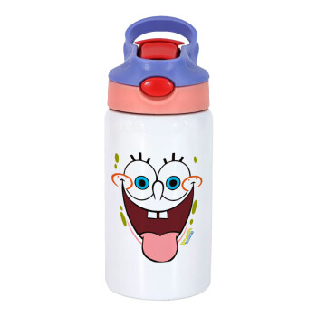 Μπομπ Σφουγγαράκης χαμόγελο, Children's hot water bottle, stainless steel, with safety straw, pink/purple (350ml)