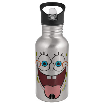 SpongeBob SquarePants smile, Water bottle Silver with straw, stainless steel 500ml