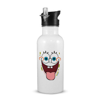 SpongeBob SquarePants smile, White water bottle with straw, stainless steel 600ml