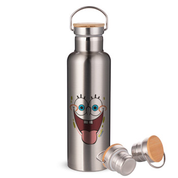 SpongeBob SquarePants smile, Stainless steel Silver with wooden lid (bamboo), double wall, 750ml