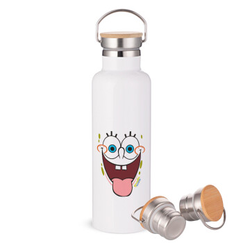 SpongeBob SquarePants smile, Stainless steel White with wooden lid (bamboo), double wall, 750ml
