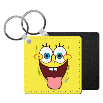 SpongeBob SquarePants smile, Μπρελόκ Δερματίνη, τετράγωνο ΜΑΥΡΟ (5x5cm)