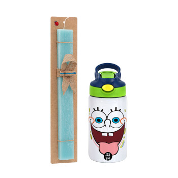 SpongeBob SquarePants smile, Πασχαλινό Σετ, Παιδικό παγούρι θερμό, ανοξείδωτο, με καλαμάκι ασφαλείας, πράσινο/μπλε (350ml) & πασχαλινή λαμπάδα αρωματική πλακέ (30cm) (ΤΙΡΚΟΥΑΖ)