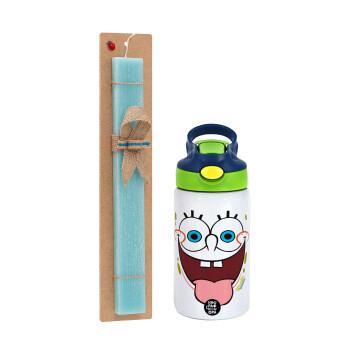 SpongeBob SquarePants smile, Easter Set, Children's thermal stainless steel bottle with safety straw, green/blue (350ml) & aromatic flat Easter candle (30cm) (TURQUOISE)