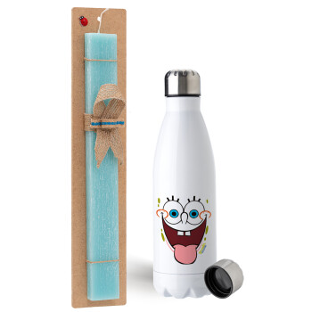 SpongeBob SquarePants smile, Easter Set, metallic stainless steel water bottle (750ml) & aromatic flat Easter candle (30cm) (TURQUOISE)