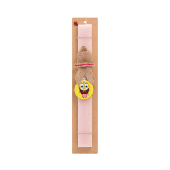 Μπομπ Σφουγγαράκης χαμόγελο, Πασχαλινό Σετ, ξύλινο μπρελόκ & πασχαλινή λαμπάδα αρωματική πλακέ (30cm) (ΡΟΖ)