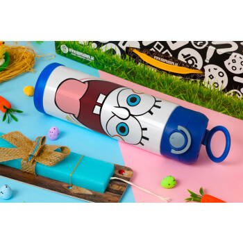 SpongeBob SquarePants smile, Easter candle, Childrens hot water bottle, stainless steel, with safety straw, BLUE (500ml)
