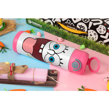 SpongeBob SquarePants smile, Easter candle, Childrens hot water bottle, stainless steel, with safety straw, PINK (500ml)