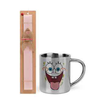 SpongeBob SquarePants smile, Easter Set, metallic thermal cup (300ml) & aromatic flat Easter candle (30cm) (PINK)