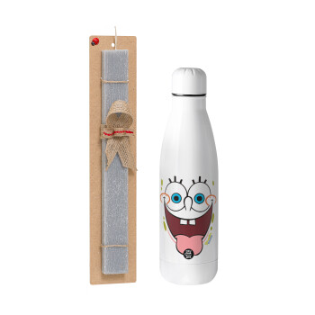 SpongeBob SquarePants smile, Easter Set, metallic stainless thermos bottle (500ml) & scented flat Easter candle (30cm) (GRAY)