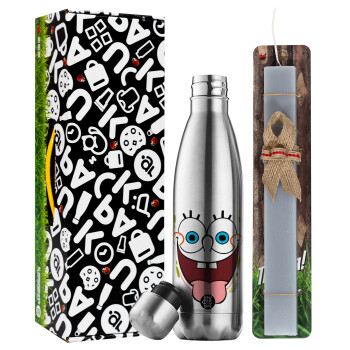 SpongeBob SquarePants smile, Easter Set, metallic stainless thermos flask (500ml) & scented flat Easter candle (30cm) (GRAY)