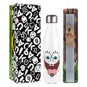 SpongeBob SquarePants smile, Easter candle, metallic white thermos bottle (500ml) & aromatic flat candle (30cm) (GRAY)