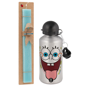 SpongeBob SquarePants smile, Easter Set, metallic silver aluminum water bottle (500ml) & scented flat Easter candle (30cm) (TURQUOISE)