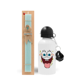 SpongeBob SquarePants smile, Easter Set, metallic aluminum water bottle (500ml) & scented flat candle (30cm) (TURQUOISE)