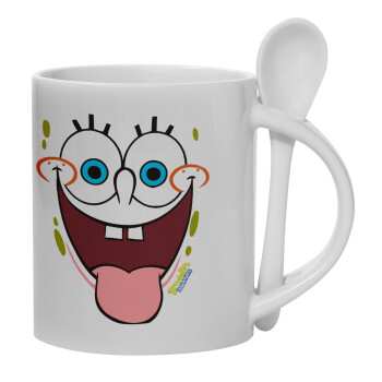 SpongeBob SquarePants smile, Ceramic coffee mug with Spoon, 330ml (1pcs)