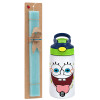 Easter Set, Children's thermal stainless steel bottle with safety straw, green/blue (350ml) & aromatic flat Easter candle (30cm) (TURQUOISE)