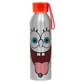Μπομπ Σφουγγαράκης χαμόγελο, Αλουμινένιο Αθλητικό Μπουκάλι 650ml – Ασημί με Κόκκινο Καπάκι και Λουράκι Σιλικόνης