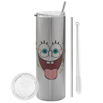 SpongeBob SquarePants smile, Eco friendly stainless steel Silver tumbler 600ml, with metal straw & cleaning brush