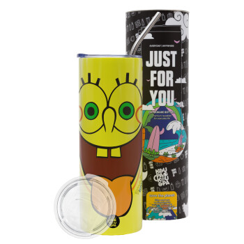 Μπομπ Σφουγγαράκης χαμόγελο, Neon Yellow Travel Tumbler θερμό, μεταλλικό καλαμάκι(Ανωξείδωτο 304 Food grade, BPA free, 600ml)