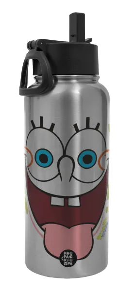 SpongeBob SquarePants smile — Metal mug thermo Silver with Straw and Spout Lid (Stainless steel), double wall, 950ml